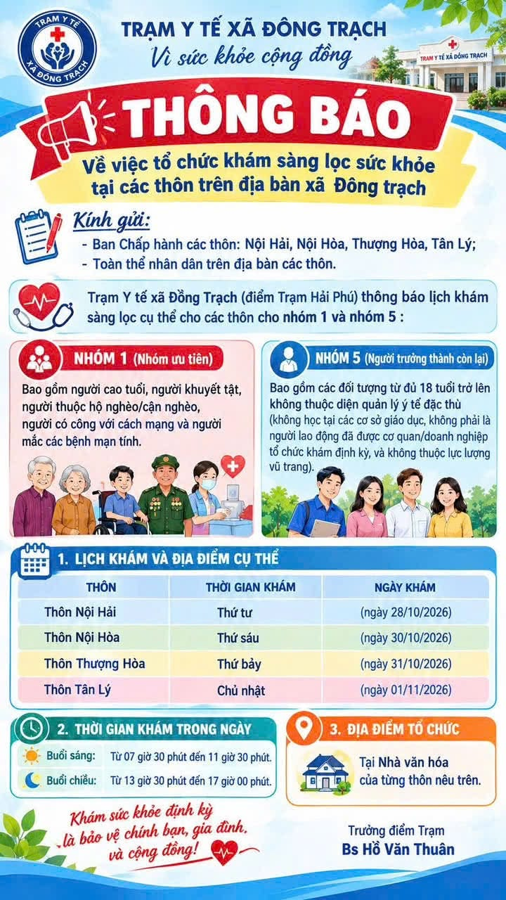 Ảnh đại diện Thông báo: Về việc tổ chức khám sàng lọc sức khỏe tại các thôn trên địa bàn xã Đông Trạch.